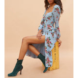 Flytonn-BACK TO SCHOOL OUTFIT Dresses For Women 2025 Elegant Vintage Floral Dress Spring Autumn Long Sleeve Sweetheart Neck Sexy Side Slit Chiffon Midi Dress