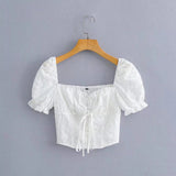 Flytonn-BACK TO SCHOOL OUTFIT Tops Women 2025 Short Puff Sleeve Embroiery Blouse White Top Square Neck Lace Up Tie Bow Back Smocked Button Up Summer Crop Top