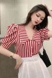 Flytonn-cute winter outfits casual winter outfits christmas outfit party look inspos Striped Puff Sleeve Turn Down Collar Blouse Shirt