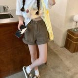 Flytonn-cute winter outfits casual winter outfits christmas outfit party look inspos Vintage Solid Crimping Brown Shorts Jeans