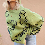 Flytonn-cute winter outfits casual winter outfits christmas outfit party look inspos Cute Dinosaur Printed Loose Sweater