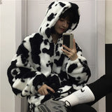 Flytonn-cute winter outfits casual winter outfits christmas outfit party look inspos Loose Cow Pattern Hooded Fleece Jackets