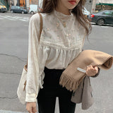 Flytonn-cute winter outfits casual winter outfits christmas outfit party look inspos Long Sleeve Lace Stand Collar Floral Embroidery Shirt