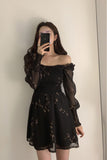 Flytonn-cute winter outfits casual winter outfits christmas outfit party look inspos Sexy Flower Puff Sleeve Chiffon Black Dress