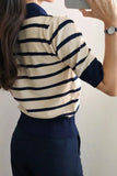 Flytonn-cute winter outfits casual winter outfits christmas outfit party look inspos Short Sleeve Knitted Striped Collar Shirt