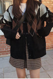 Flytonn-cute winter outfits casual winter outfits christmas outfit party look inspos Loose Argyle Pattern Black Cardigan Sweater