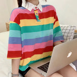 Flytonn-cute winter outfits casual winter outfits christmas outfit party look inspos Colorful Rainbow Striped Collar Shirt