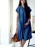 FLYTONN- Plus Size Women Summer Casual Solid Blue Denim Dress HH030