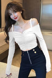 Flytonn-cute winter outfits casual winter outfits christmas outfit party look inspos Long Sleeve Slash Neck Sexy Slim Shirt