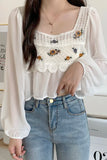 Flytonn-cute winter outfits casual winter outfits christmas outfit party look inspos Long Sleeve Flower Embroidered Crochet Blouse Shirts