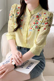 Flytonn-cute winter outfits casual winter outfits christmas outfit party look inspos Long Sleeve Stand Collar Flower Embroidered Blouse Shirt