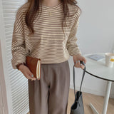 Flytonn-cute winter outfits casual winter outfits christmas outfit party look inspos Long Sleeve Coffee Colors Striped Loose Shirt