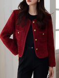 Flytonn-cute winter outfits casual winter outfits christmas outfit party look inspos Long Sleeve Wine Red Color Elegant Tweed Jacket