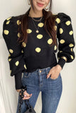 Flytonn-cute winter outfits casual winter outfits christmas outfit party look inspos Puff Sleeve Dot Pattern Knitted Sweater