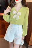 Flytonn-cute winter outfits casual winter outfits christmas outfit party look inspos Long Sleeve V-Neck Cute Bow Blouse Shirt