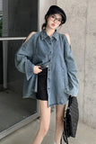 Flytonn-cute winter outfits casual winter outfits christmas outfit party look inspos Long Sleeve Off Shoulder Denim Shirt