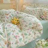 Flytonn-2025 Spring Bedding Set Cute Floral Duvet Cover Set Ins Korean Style with Flat Sheet Pillowcase No filler Washed Cotton Queen Double Home Bed Linens