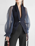 Flytonn-Winter Outfits Christmas Thanksgiving Gift New Year's Eve Outwear Loose Puff Sleeves See-Through Split-Joint Lapel Blazer Suits Blouses&Shirts Tops