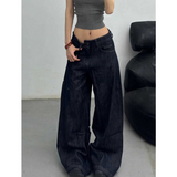 Flytonn-2024 Autumn Women's Casual Blue Harajuku Jeans Vintage Solid Loose Washed Pants Retro Y2K Wide Leg Punk Baggy Denim Trouser