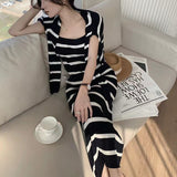 Flytonn-y2k outfits Spring New Chic Strap Striped Knitted Camisole Dress for Women Wrap Hip Slimming Maxi Dress Cardigan Two Piece Set Women Outfits