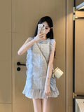 Flytonn-y2k outfits Summer New Fashion Splicing Lace Small Fragrant Style Stripe Dress High end Sleeveless Doll Neck Slim Short Dress for Women