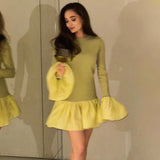 Flytonn Knitted Mini Dress Female Long Sleeves Gown Flare Sleeves Spliced Autumn Winter Dress A-Line Sweet Bodycon Women Clothes