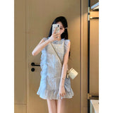 Flytonn-y2k outfits Summer New Fashion Splicing Lace Small Fragrant Style Stripe Dress High end Sleeveless Doll Neck Slim Short Dress for Women