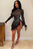 Flytonn-nye outfits Sparkly Crystal High Neck Sheer Mesh Bodycon Feather Party Mini Dress - Black