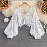 Spring Outfits Back To School Outfits Sexy Lace Hollow Out Blouse Women Summer V-Neck Puff Sleeve Backless Tops Casual Korean Slim Lace Up Solid White Crop Tops