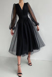 Flytonn- V Neck Tulle Long Sleeve Midi Dress