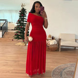 Flytonn Women's Sleeveless One Shoulder Elegant Dress 2025 New Arrivals Red Mesh Maxi Dress Long Bodycon Party Dresses-nye outfits