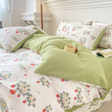 Flytonn-2025 Spring Bedding Set Cute Strawberry Duvet Cover Set Floral Style with Flat Sheet Pillowcase No filler Queen Double Girls Boys Home Decor Bed Linens