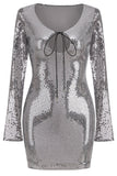 Flytonn-nye outfits Sparkly Tie Neck Split Sleeve Bodycon Sequin Party Mini Dress - Black Gray