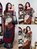 Flytonn-y2k outfits Sexy Off Shoulder Unique Printed Design Long Sleeve Dress for Women Early Spring New Retro Oil Painting Slimming Long Dress