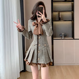 Flytonn-y2k outfits French Light Luxury High end Tweed Dress for Women Autumn/Winter New Splicing Fake Two Piece Bow Slimming Pleated Short Dress