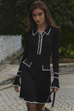 Flytonn-nye outfits Preppy Chic Contrast Collar Button Up Long Sleeve Ribbed Knit Sweater Mini Dress - Black