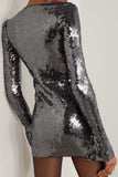 Flytonn-nye outfits Sparkly Tie Neck Split Sleeve Bodycon Sequin Party Mini Dress - Black Gray