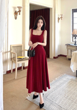 Flytonn-birthday dress pretty outfits Stylish Sleeveless Maroon Knit Maxi Dress with Shoulder Straps Graduation Gifts