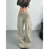 Flytonn-Multiple Pockets Jeans Women Y2K Hip Hop Vintage High Waisted Jeans Straight Streetwear Loose Large Size Wide Leg Denim Pants