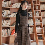 Flytonn-y2k outfits Autumn/Winter College Style Retro Checkered Wool Overalls Dress+High Neck Sweater Knit Base Shirt Two Piece Set Women Outfits