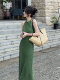 Flytonn-y2k outfits French Vintage Mid length Green Dress Summer New Unique Design Slim Temperament Sleeveless Off Shoulder Long Dresses for Women