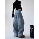 Flytonn-Women Blue Jeans Sense design Vintage High Waisted Straight Denim Trouser Y2K American Streetwear Wide Leg Basics Denim Pants