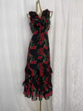 Flytonn-Valentines Gift party dress Vintage Red Rose V-neck Sexy Backless Travel Vacation Floral Beach Dress Long Dress Fly001