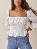 Flytonn-BACK TO SCHOOL OUTFIT Womens Tops And Blouses 2025 Fashion Square Neck Smocked Waist Peplum Elegant White Blouse Linen Blend Puff Long Sleeve Top