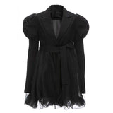 Flytonn-y2k outfits French High end Mesh Spliced Sheep Leg Sleeves Suit Coat Female Autumn Waist Slimming Bow Black Fluffy Short Dress for Women