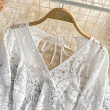 Spring Outfits Back To School Outfits Sexy Lace Hollow Out Blouse Women Summer V-Neck Puff Sleeve Backless Tops Casual Korean Slim Lace Up Solid White Crop Tops