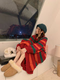 Flytonn-y2k outfits Christmas Colorful Striped Knitted Sweater Dress for Women Autumn/Winter New Lazy Style Round Neck Loose Casual Maxi Dresses