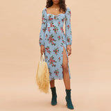 Flytonn-BACK TO SCHOOL OUTFIT Dresses For Women 2025 Elegant Vintage Floral Dress Spring Autumn Long Sleeve Sweetheart Neck Sexy Side Slit Chiffon Midi Dress