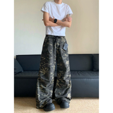 Flytonn-Women Jeans Fashion American Vintage Camouflage Streetwear Military Green Wide Leg Jean Female Denim Trouser Baggy Denim Pants