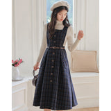 Flytonn-y2k outfits Autumn/Winter College Style Retro Checkered Wool Overalls Dress+High Neck Sweater Knit Base Shirt Two Piece Set Women Outfits